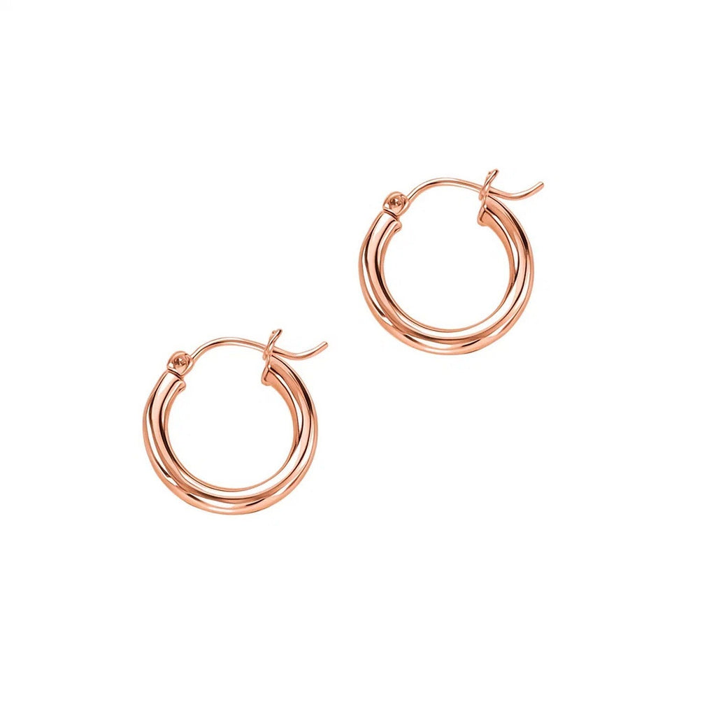 Polished 15mm hoop earrings in 14K rose gold, 3mm wide, front view of the pair