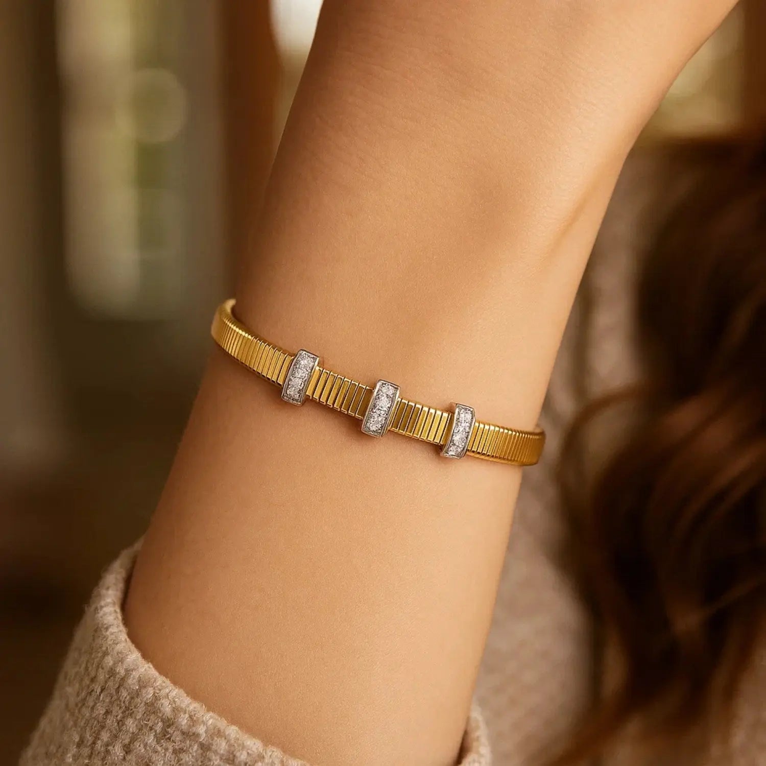 14k Yellow Gold Omega Diamond Station Bangle  Cuffs DEEVE