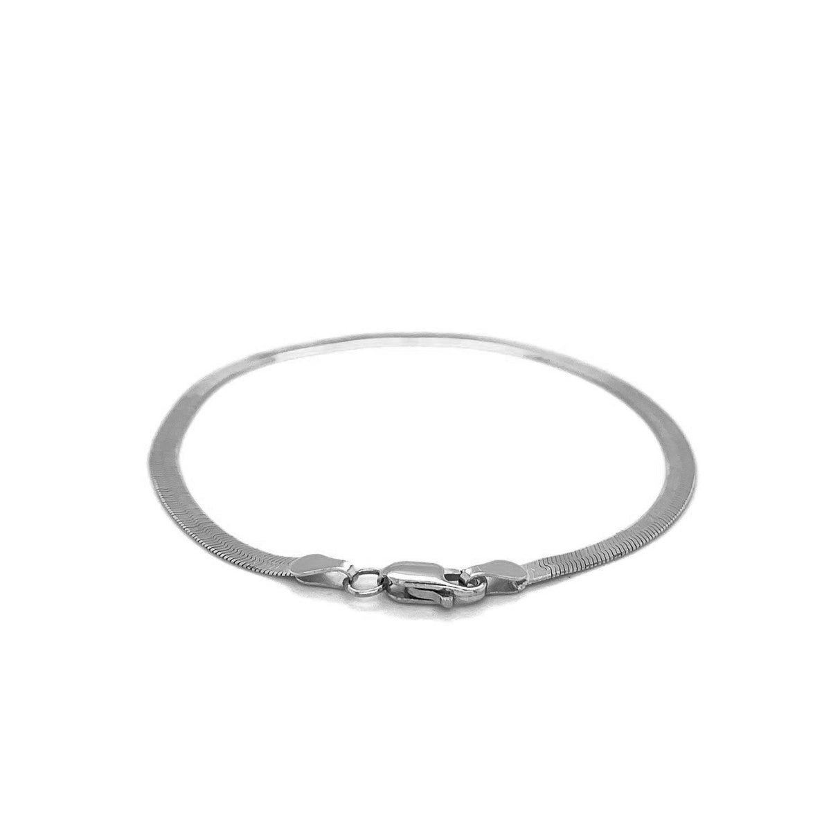Lobster clasp and flat end caps on the 14K white gold herringbone bracelet