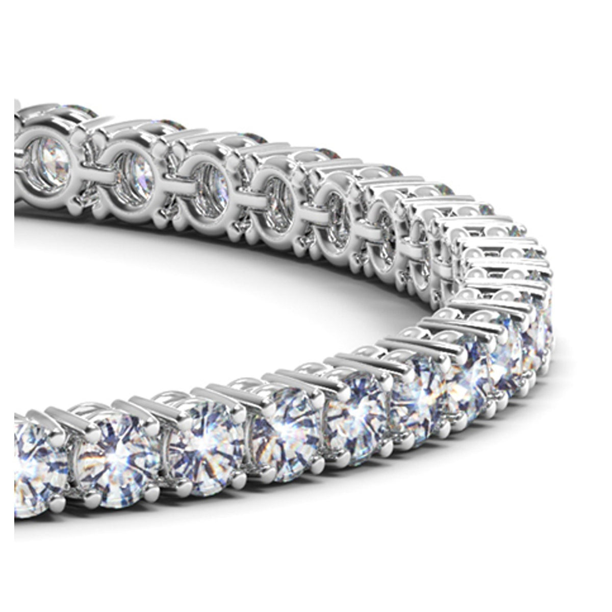Close-up of the round diamonds on a 10 carat tennis bracelet in 14K white gold