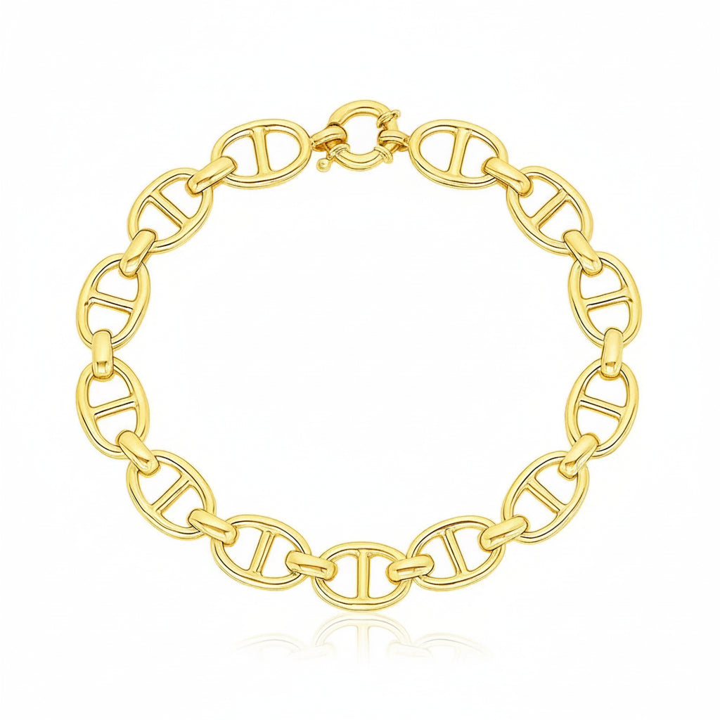 14K yellow gold bold mariner link chain bracelet from Deeve on a reflective white background