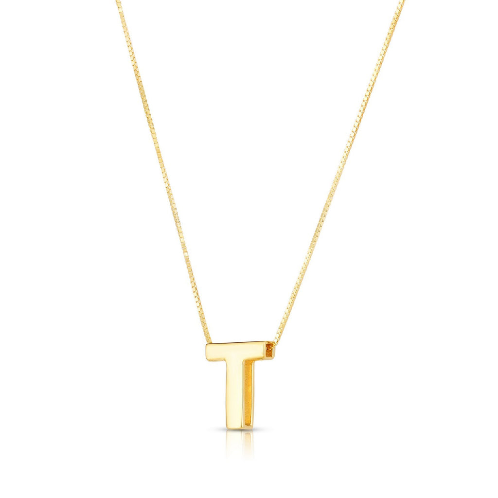 Block letter T in polished 14K yellow gold, angled to show its depth, on a box chain