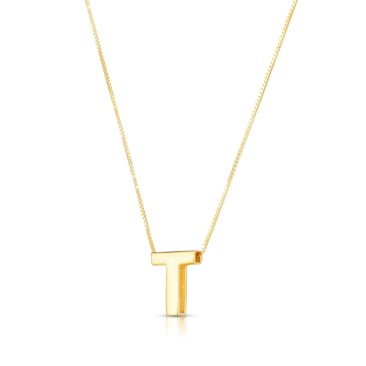 Block letter T in polished 14K yellow gold, angled to show its depth, on a box chain