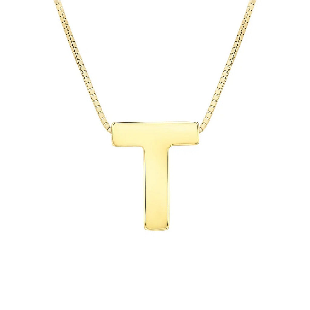 Front view of the polished block letter T in 14K yellow gold on a box chain