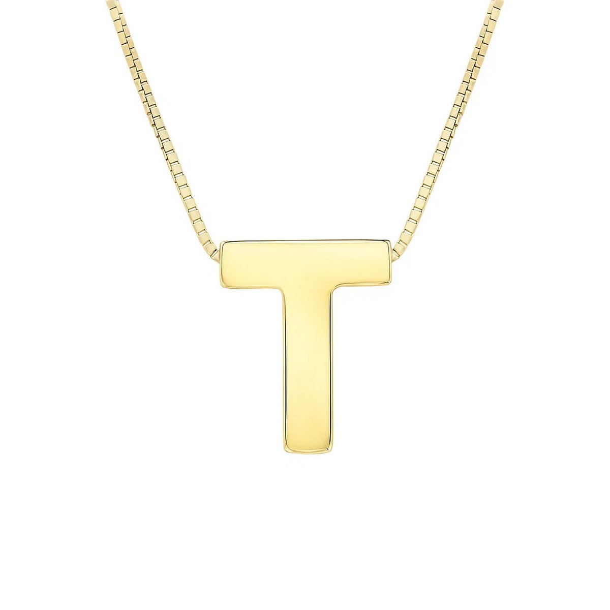 Front view of the polished block letter T in 14K yellow gold on a box chain