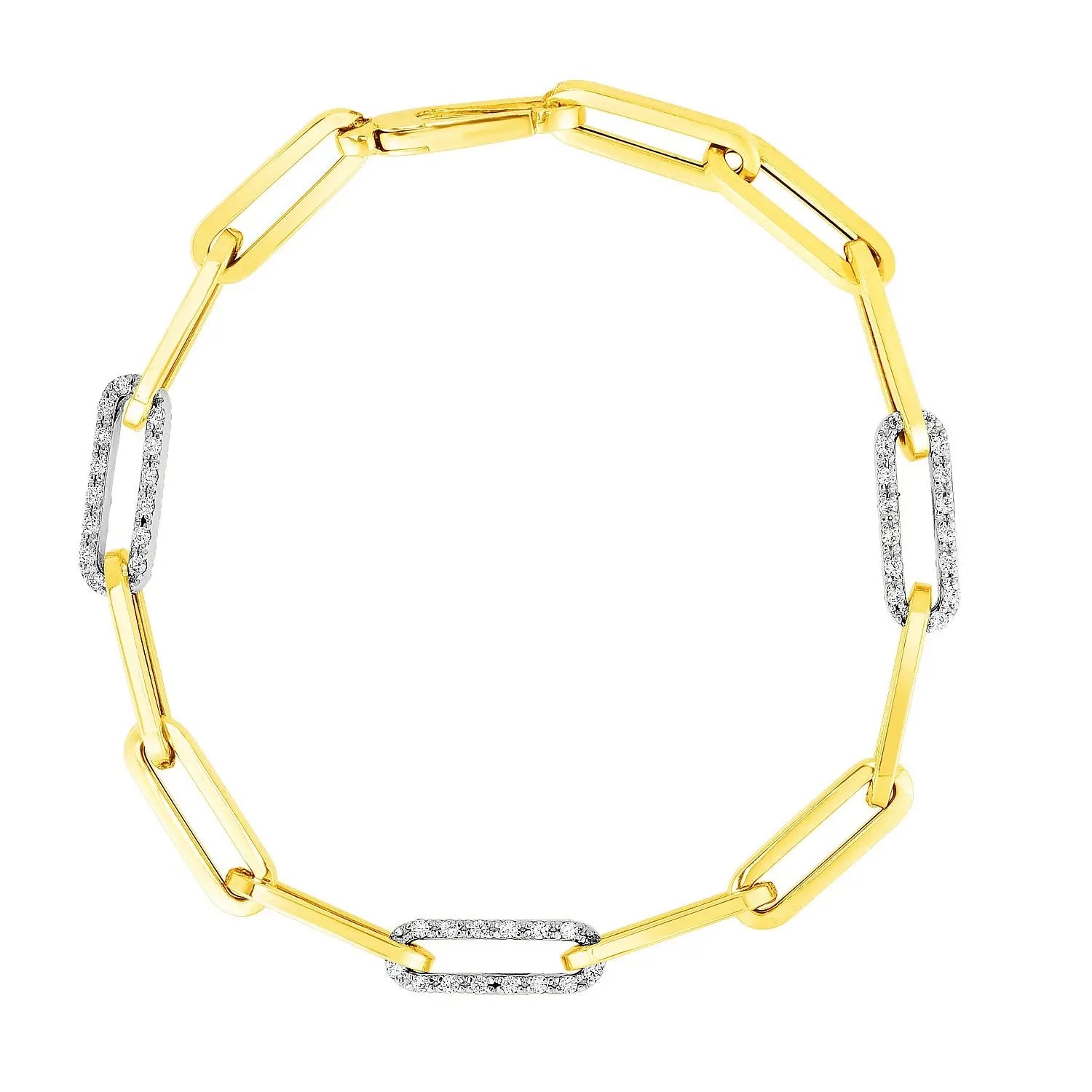 14K Yellow Gold Inch Paperclip Chain Bracelet With Three Diamond Links  Chain Bracelets DEEVE