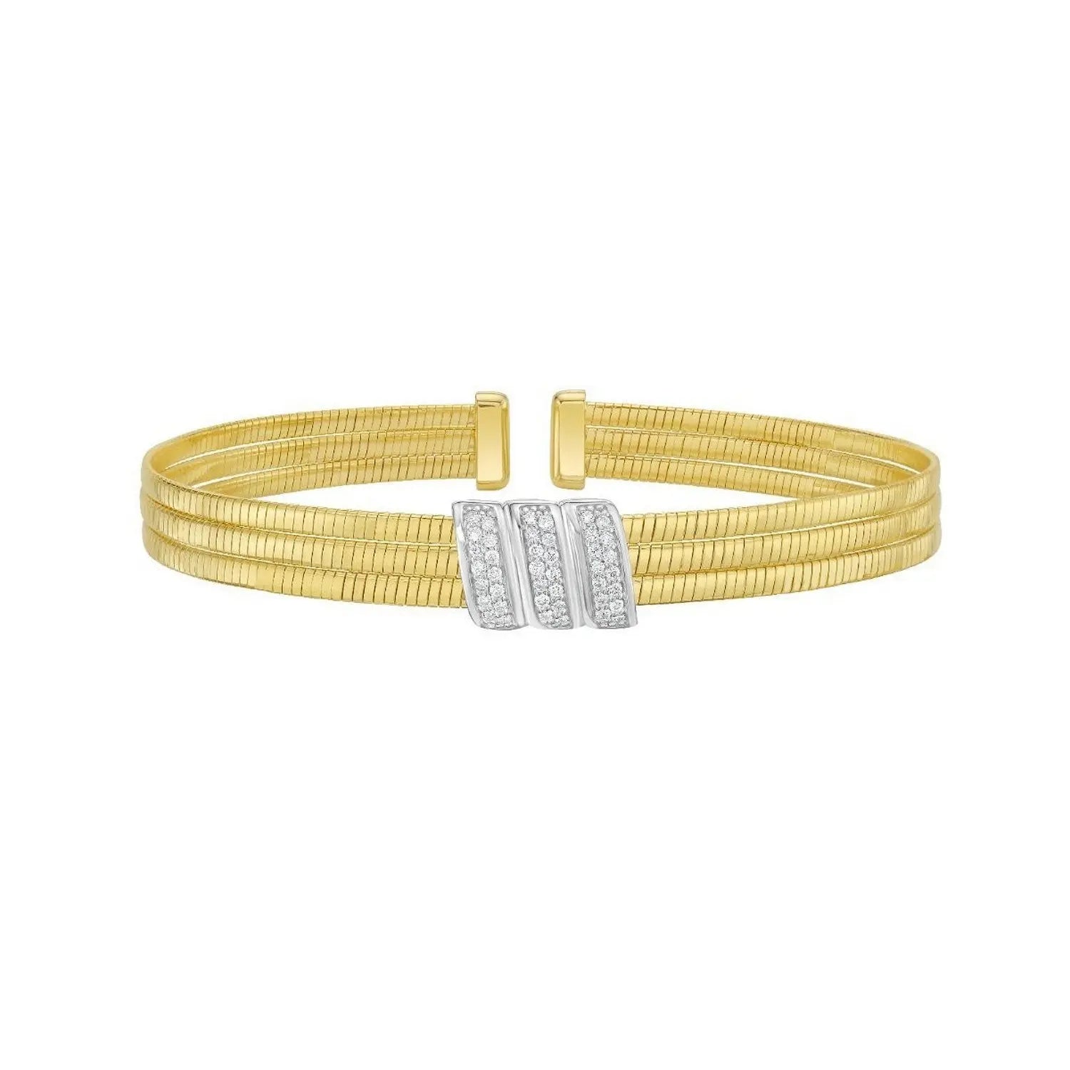 Front view of 14K yellow gold triple row diamond omega cuff bangle