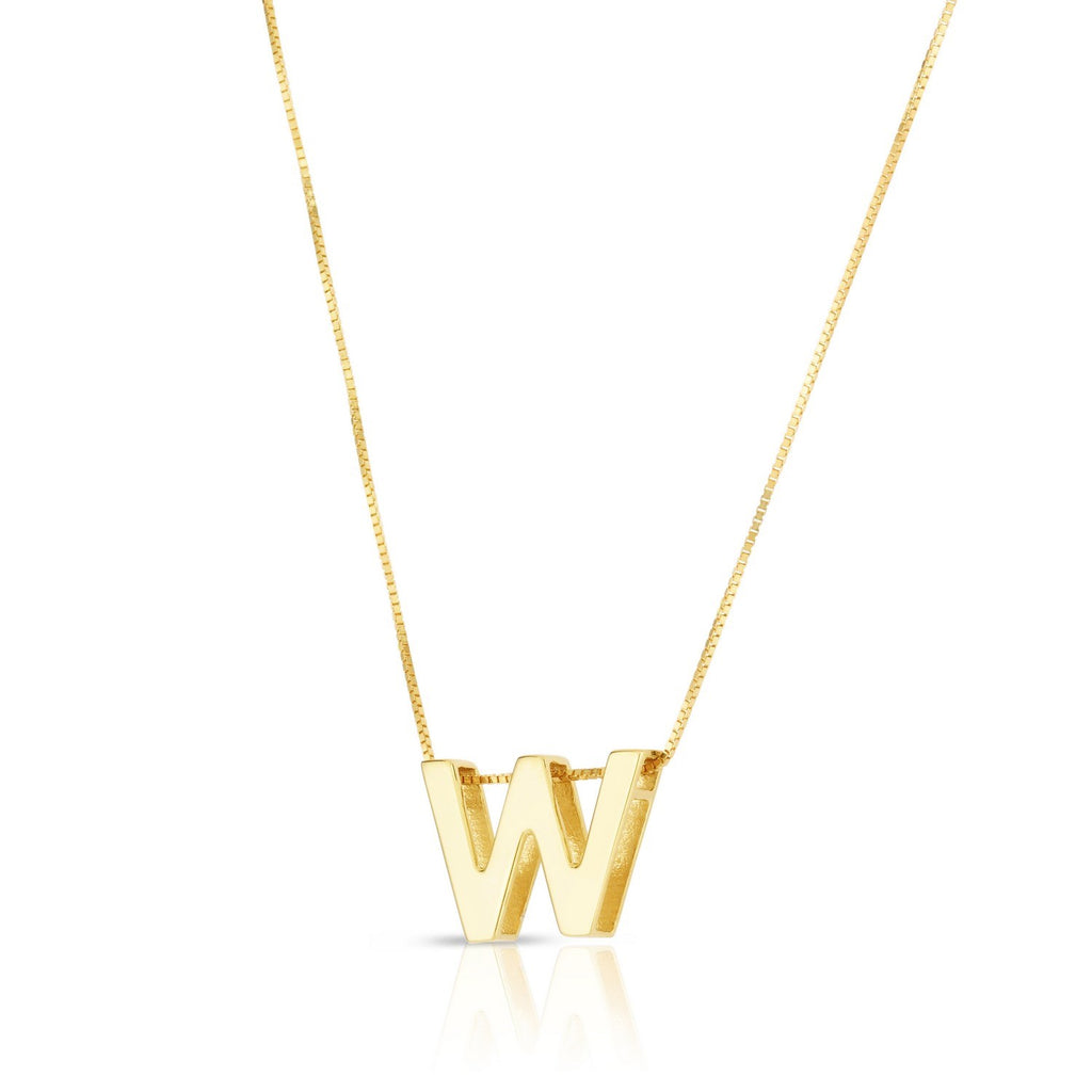 Block letter W in polished 14K yellow gold, angled to show its depth, on a box chain