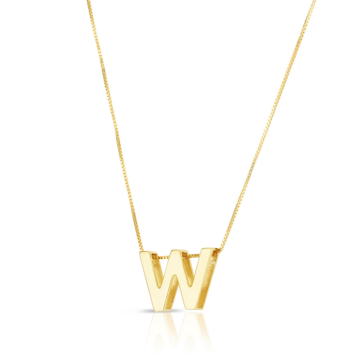 Block letter W in polished 14K yellow gold, angled to show its depth, on a box chain