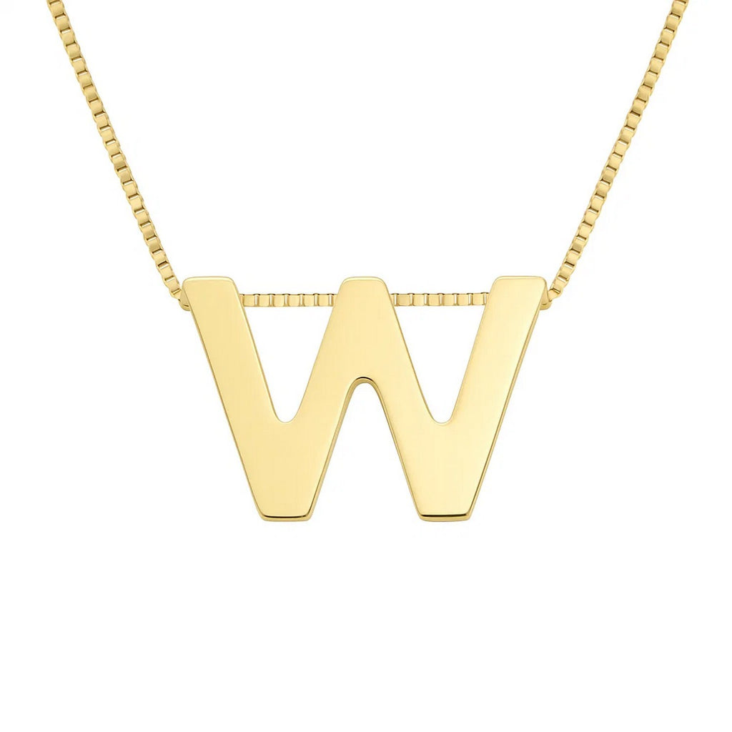 Front view of the polished block letter W in 14K yellow gold on a box chain