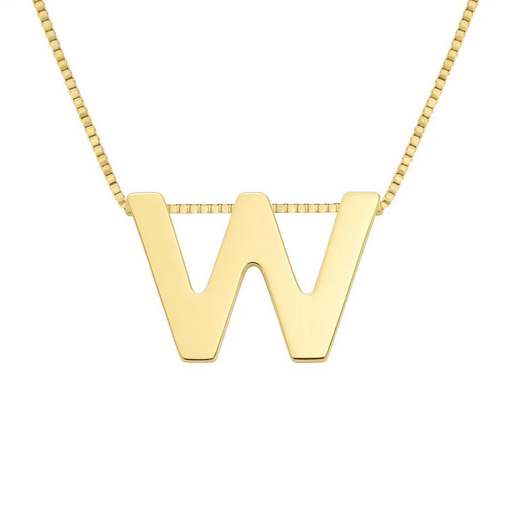 Front view of the polished block letter W in 14K yellow gold on a box chain