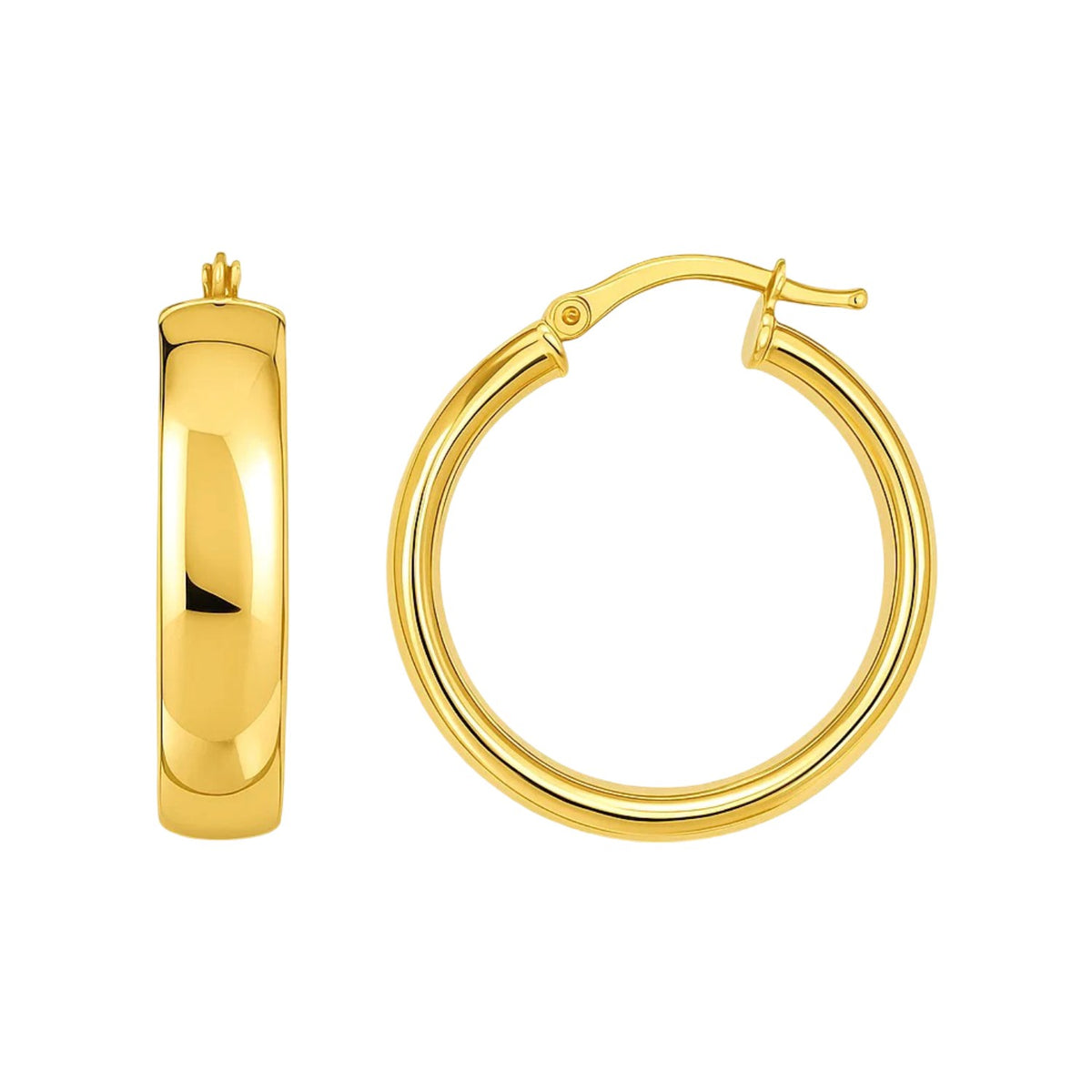 Wedding band hoop earrings in 14K yellow gold, side and front view