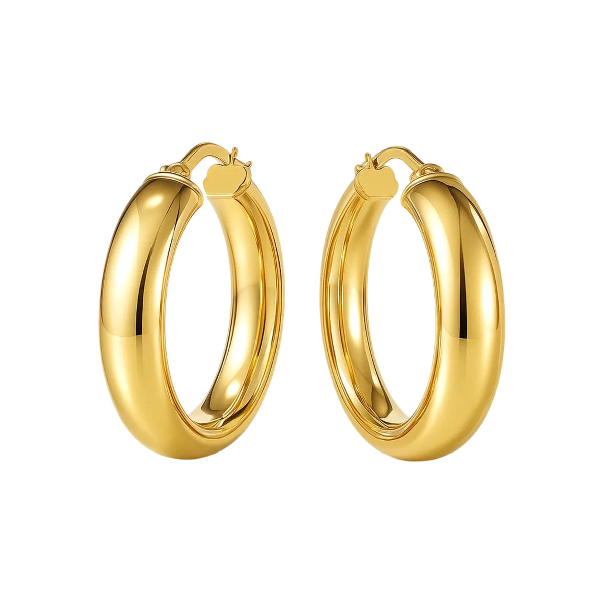 Wedding band hoop earrings in 14K yellow gold, angled view of the pair