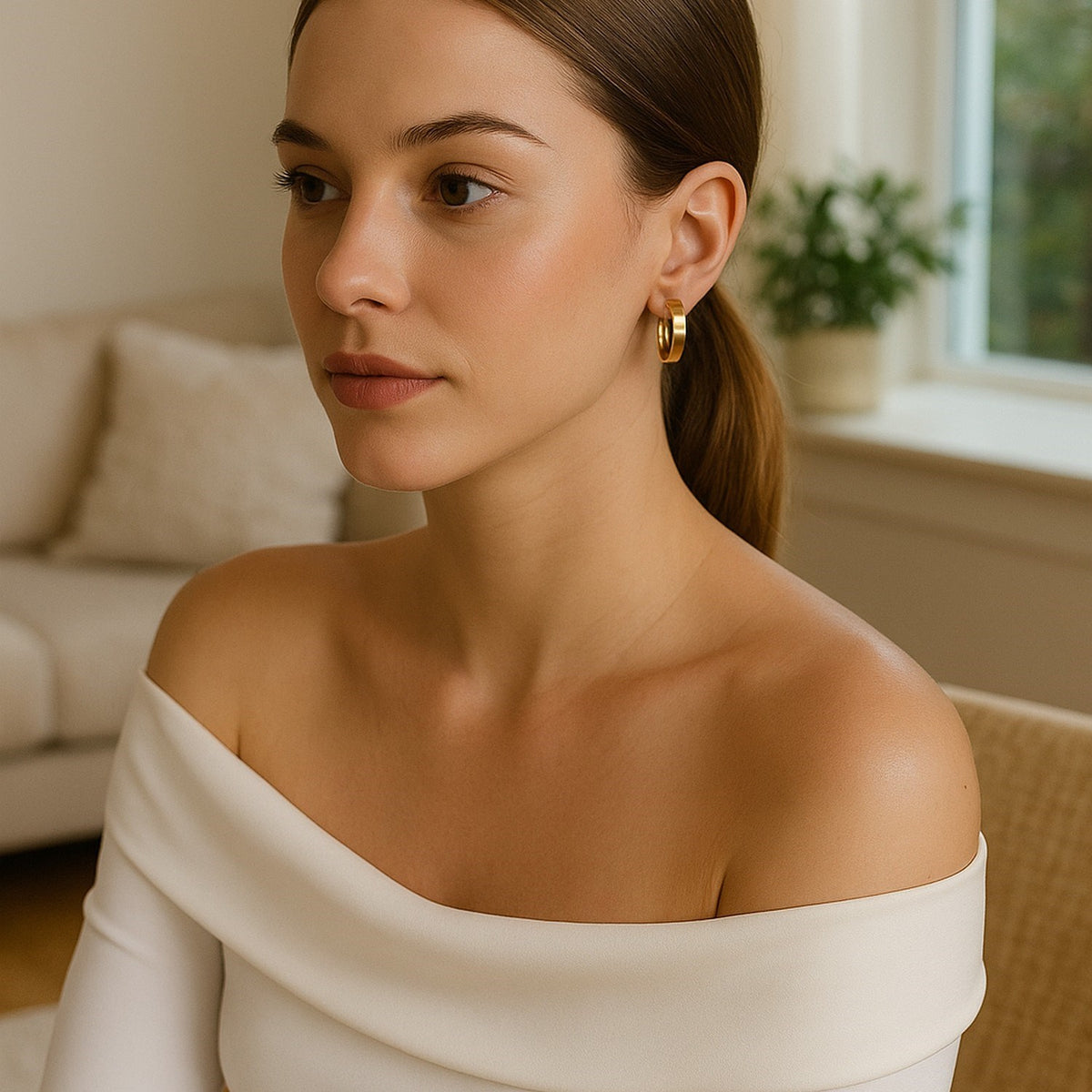 Wedding band 14K yellow gold hoop worn with an off-shoulder top