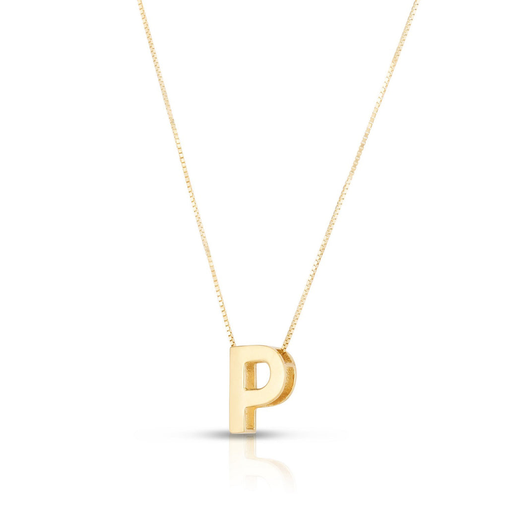 Block letter P in polished 14K yellow gold, angled to show its depth, on a box chain
