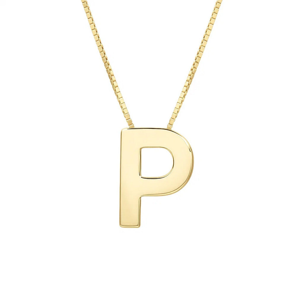 Front view of the polished block letter P in 14K yellow gold on a box chain