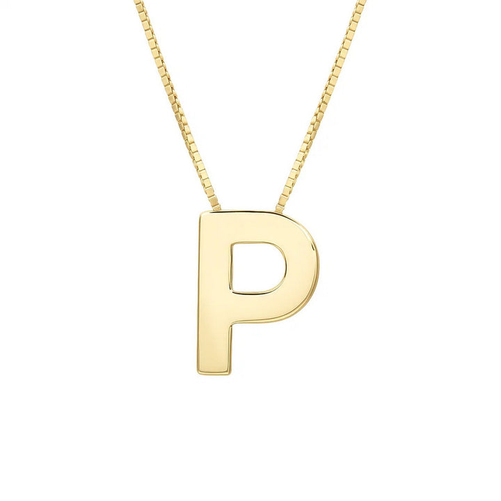Front view of the polished block letter P in 14K yellow gold on a box chain