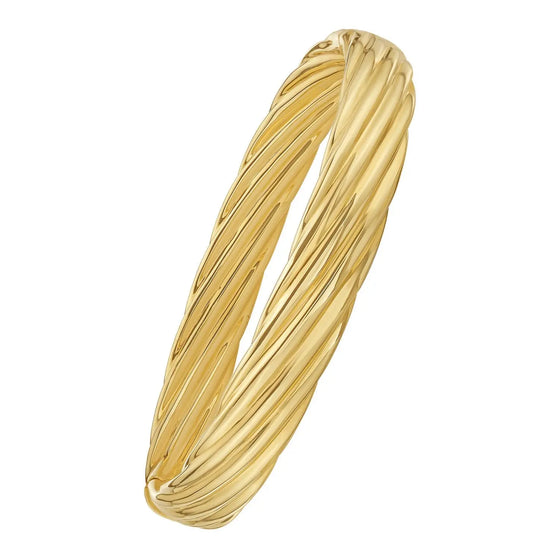 Front view of 14K yellow gold twist bangle, 10.00mm