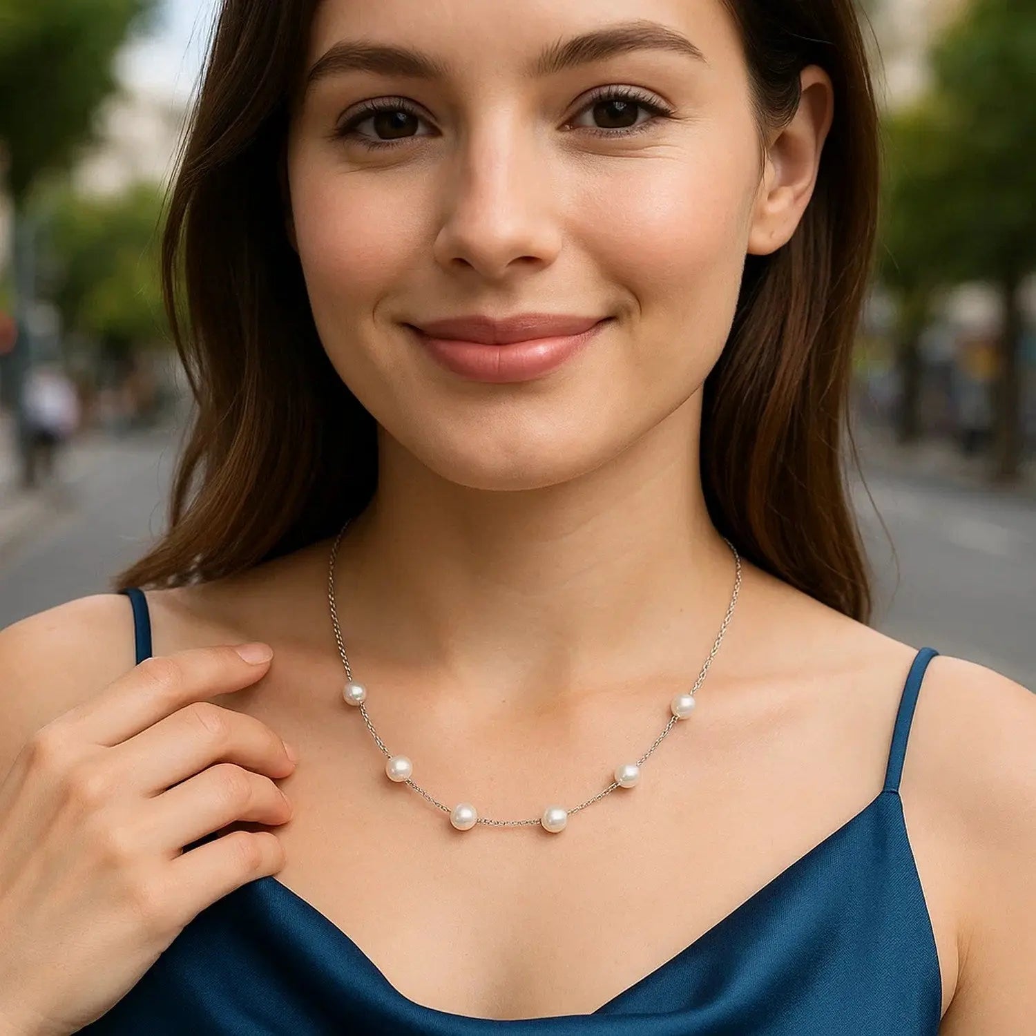 White gold pearl station choker necklace DEEVE