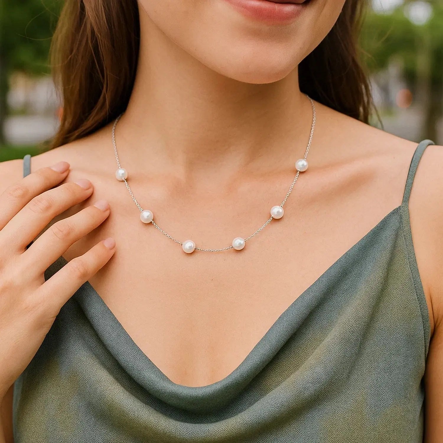 White gold pearl station choker necklace DEEVE