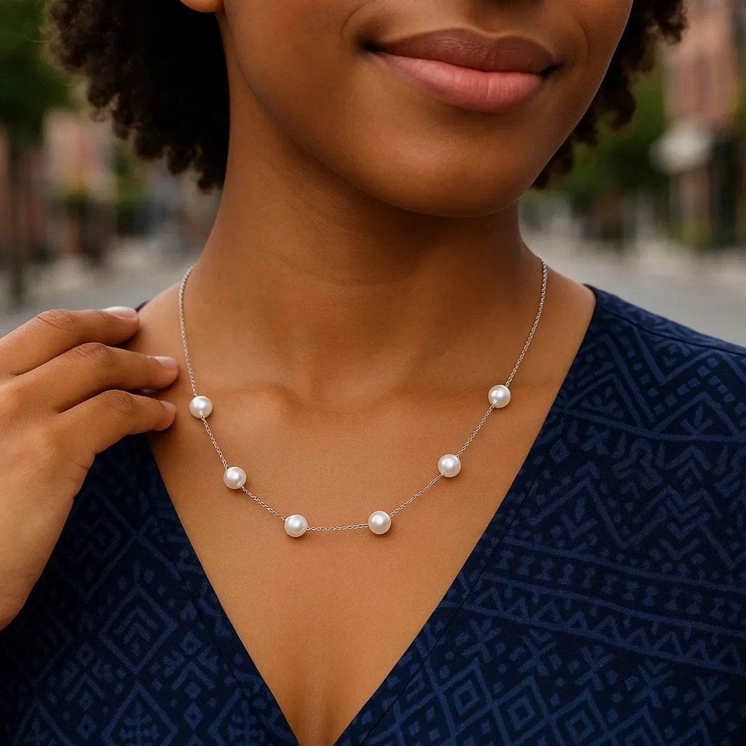 White gold pearl station choker necklace DEEVE