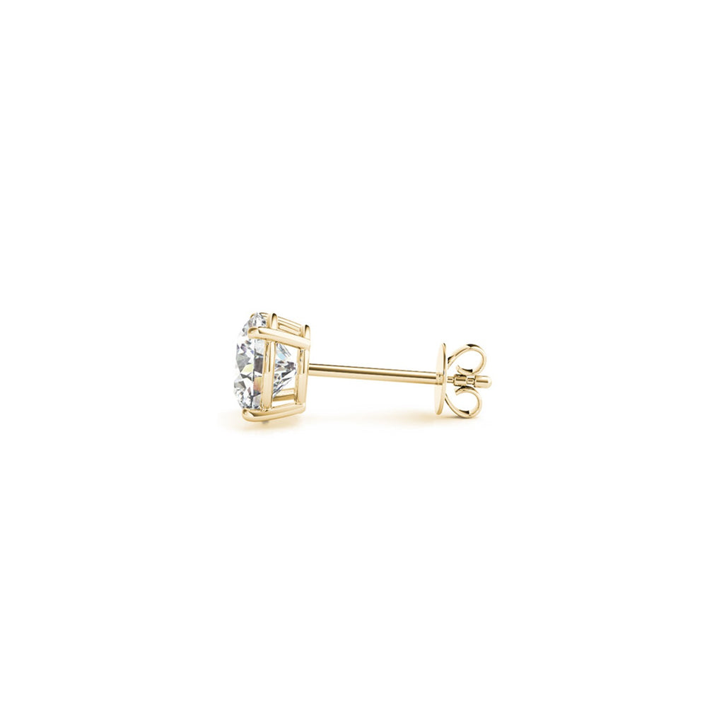 Side profile of 1.50 ct lab-grown diamond stud earrings in 14K yellow gold, four-prong setting — DEEVE