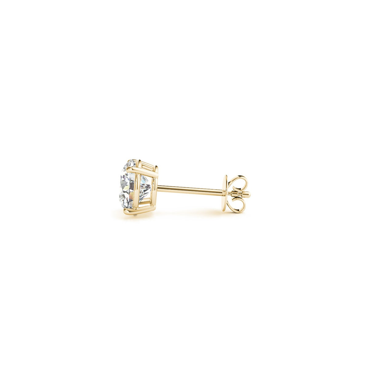Side profile of 1.50 ct lab-grown diamond stud earrings in 14K yellow gold, four-prong setting — DEEVE