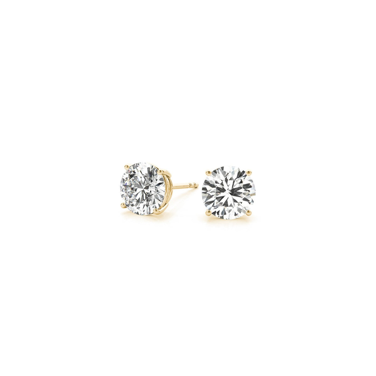 Angled view of 1.50 ct IGI certified round-cut lab-grown diamond stud earrings in 14K yellow gold — DEEVE