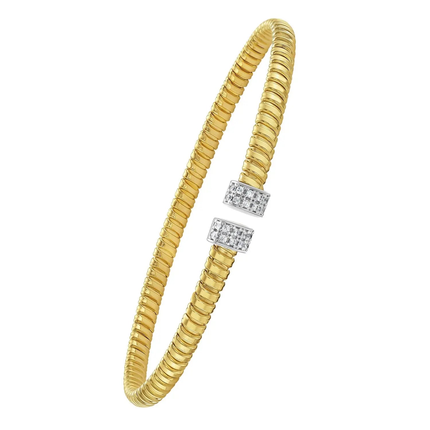Front view of 14K yellow gold diamond endcap tubogas cuff bangle, 3.90mm
