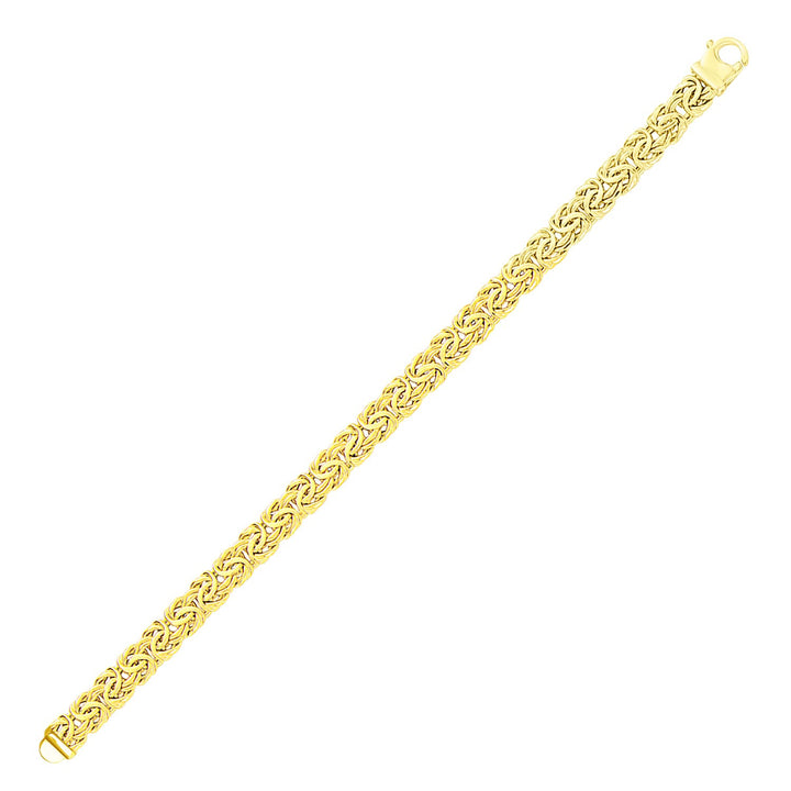 Byzantine chain bracelet in 14K yellow gold, 7.20mm, laid straight with its lobster clasp