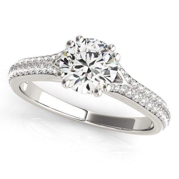 Round Diamond Engagement Ring, Multi row Pavé Band in 14K White Gold, 1.10 cttw