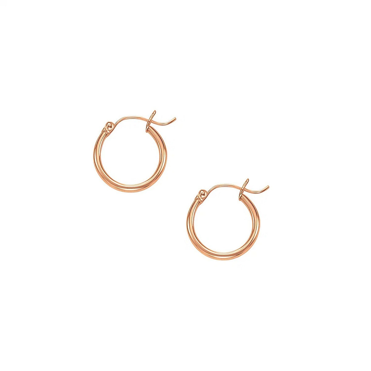 Polished 15mm hoop earrings in 14K rose gold, 2mm wide, front view of the pair