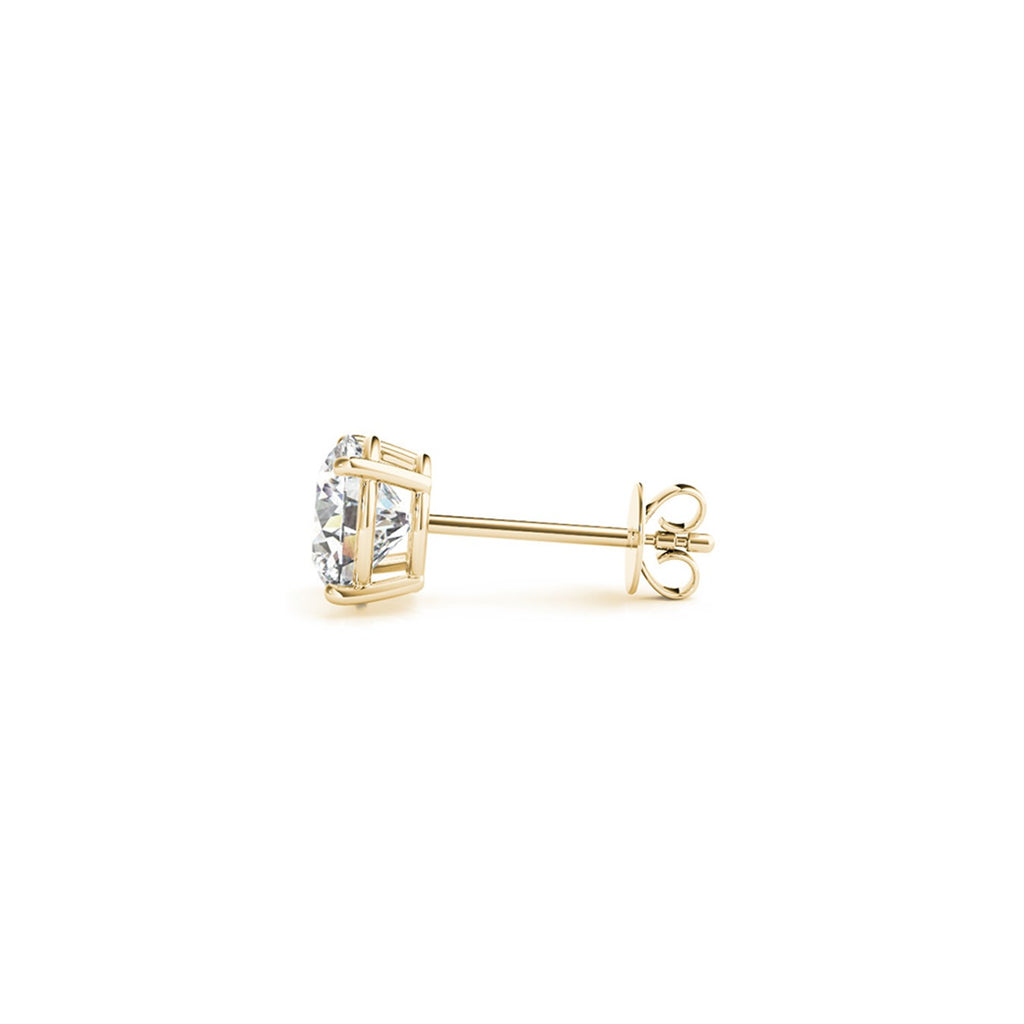 Side profile of 2.00 ct lab-grown diamond stud earrings in 14K yellow gold, four-prong setting — DEEVE