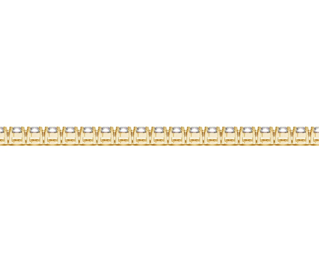 Flat strand of a 5 carat lab grown diamond tennis bracelet in 14K yellow gold