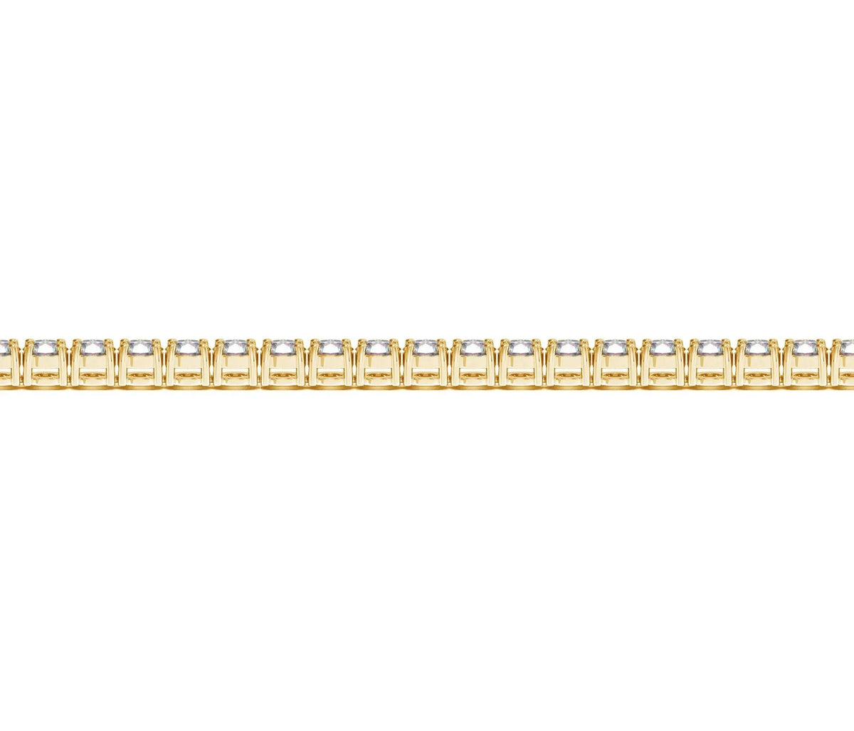 Flat strand of a 5 carat lab grown diamond tennis bracelet in 14K yellow gold