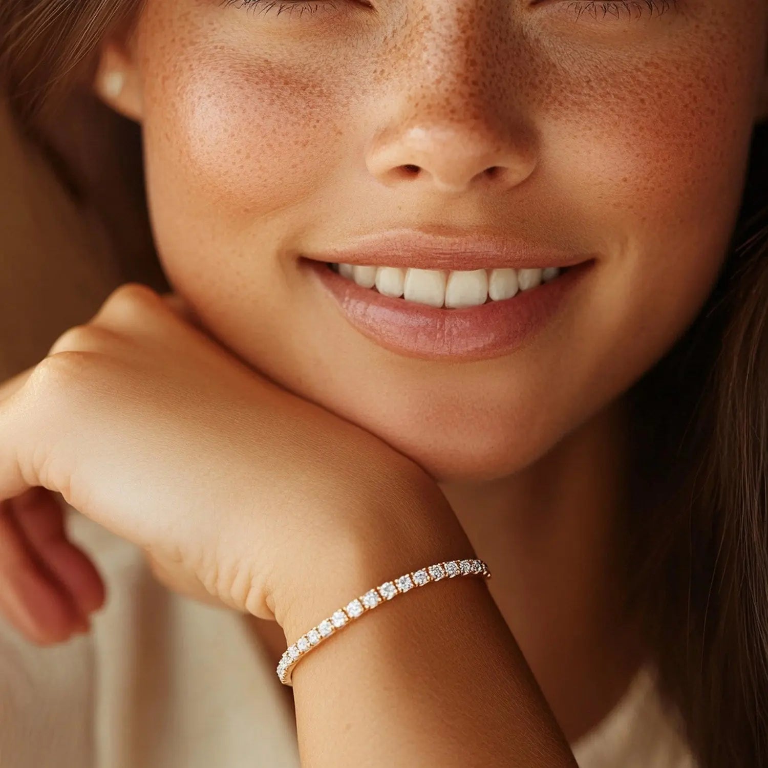 Wrist view of 5.00 ct lab-grown diamond tennis bracelet in 14K Solid Gold — DEEVE