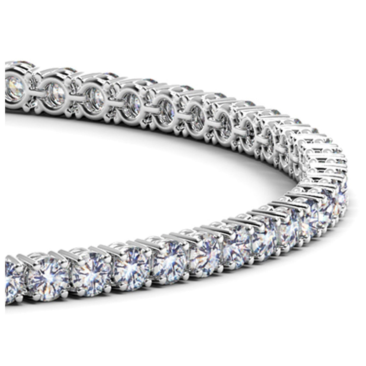Close-up of the round diamonds on a 4 carat tennis bracelet in 14K white gold