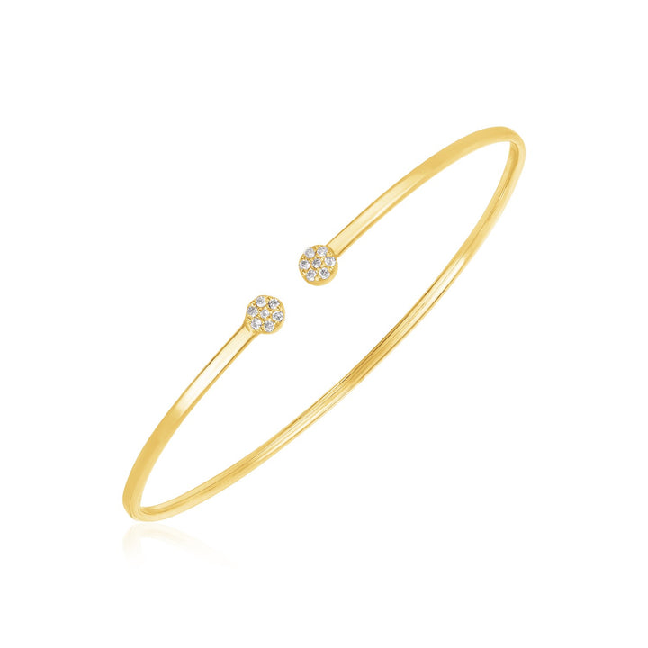 Diamond cluster open cuff bangle in 14K yellow gold, 2mm, with a round natural diamond cluster at each end