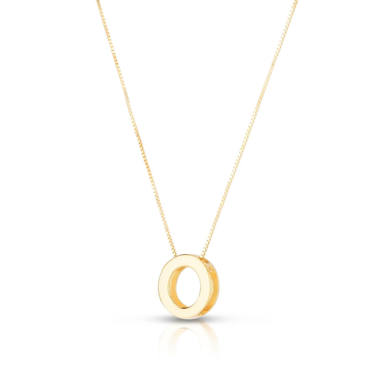 Block letter O in polished 14K yellow gold, angled to show its depth, on a box chain
