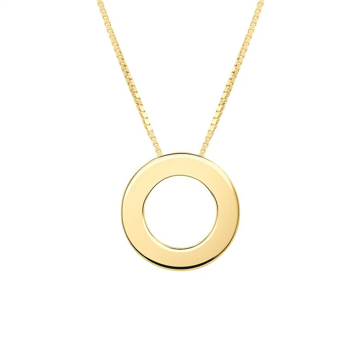 Front view of the polished block letter O in 14K yellow gold on a box chain