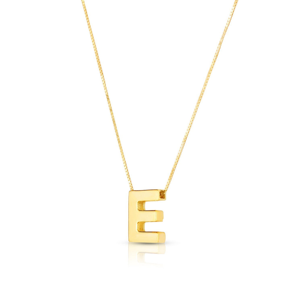 Block letter E in polished 14K yellow gold, angled to show its depth, on a box chain