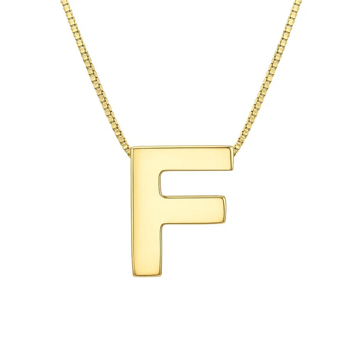 Front view of the polished block letter F in 14K yellow gold on a box chain