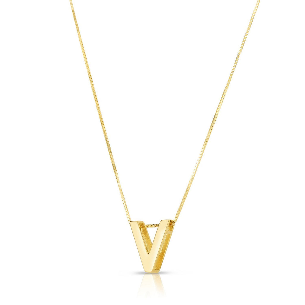 Block letter V in polished 14K yellow gold, angled to show its depth, on a box chain