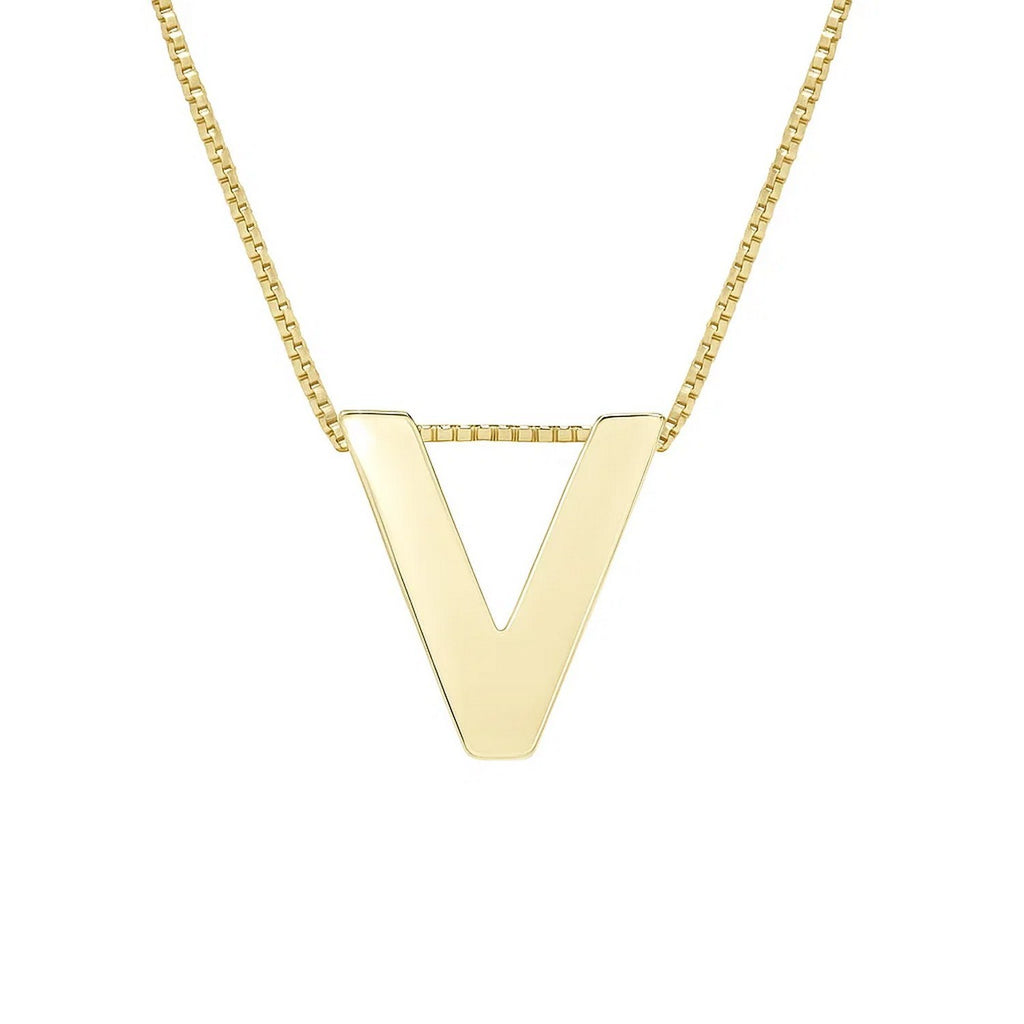 Front view of the polished block letter V in 14K yellow gold on a box chain