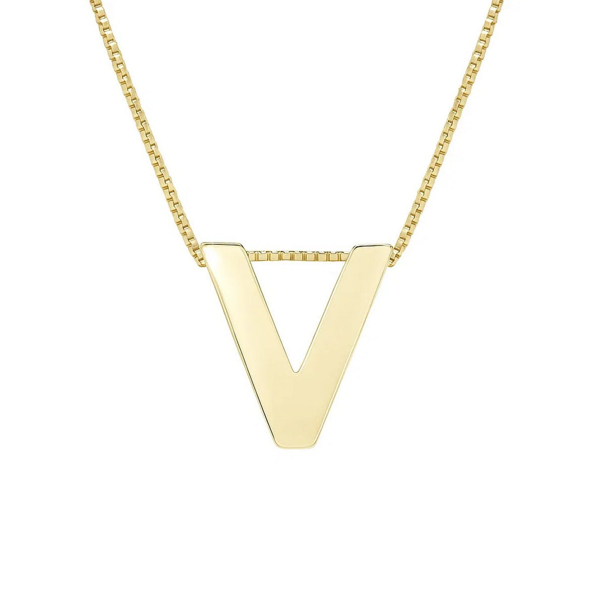 Front view of the polished block letter V in 14K yellow gold on a box chain