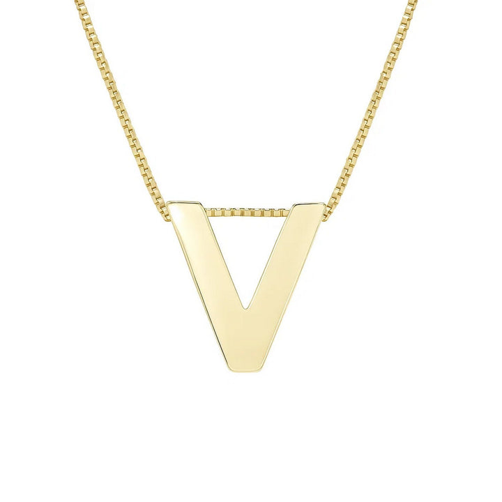 Front view of the polished block letter V in 14K yellow gold on a box chain