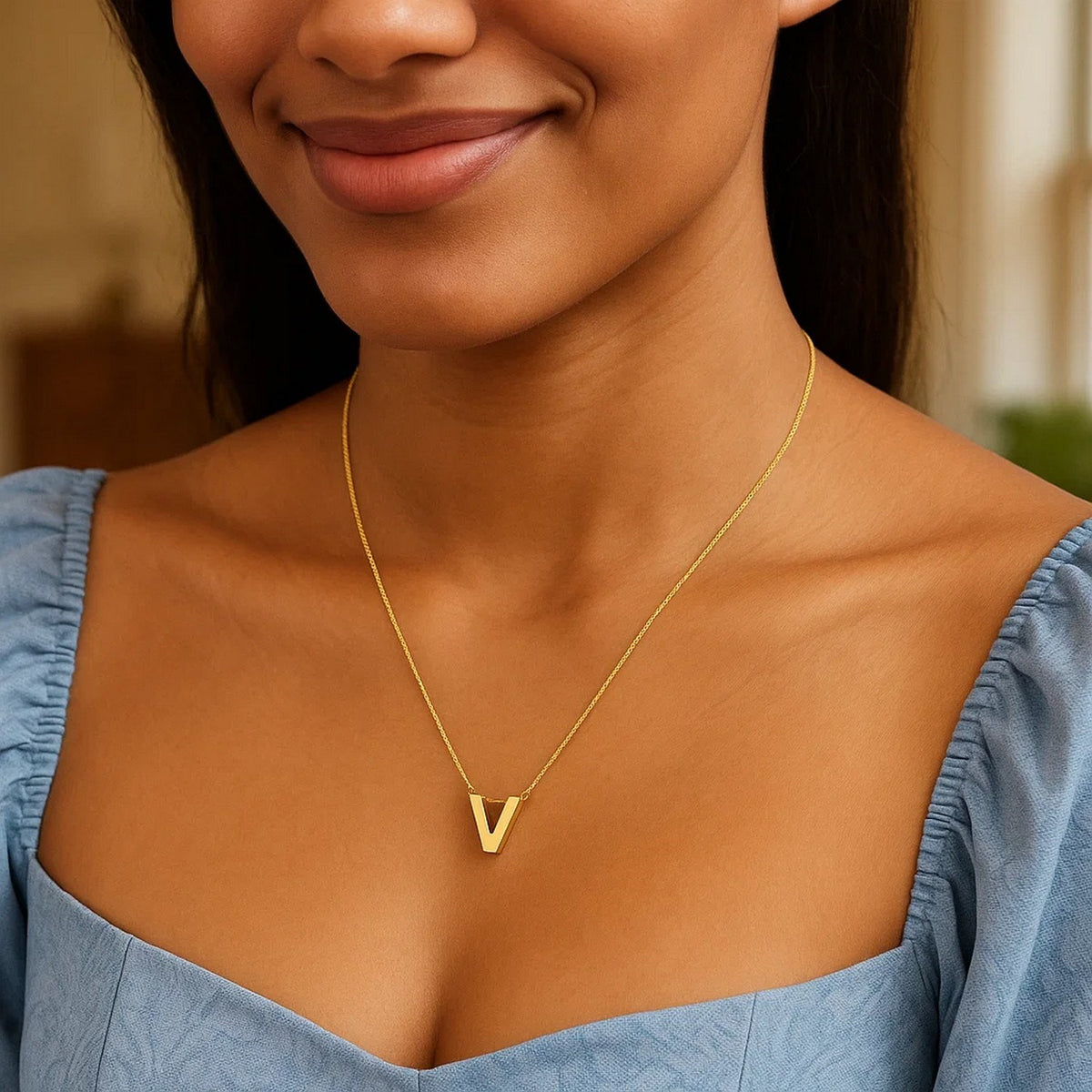 Block letter V initial necklace in 14K yellow gold worn, second view