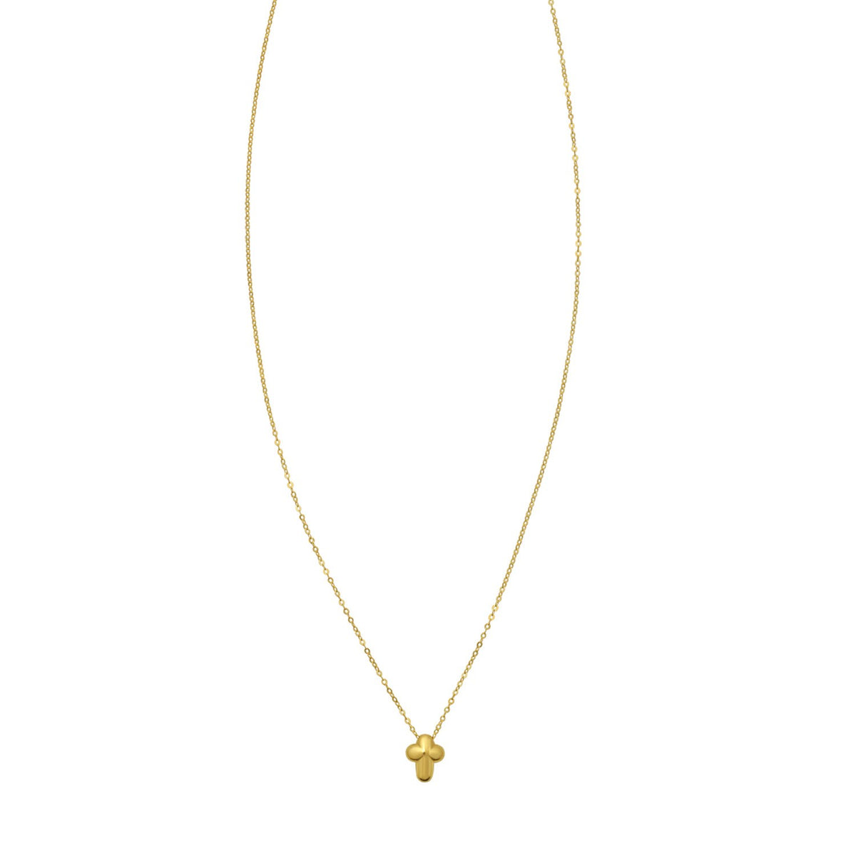 Puffed mini cross necklace in 14K yellow gold hanging on its fine cable chain