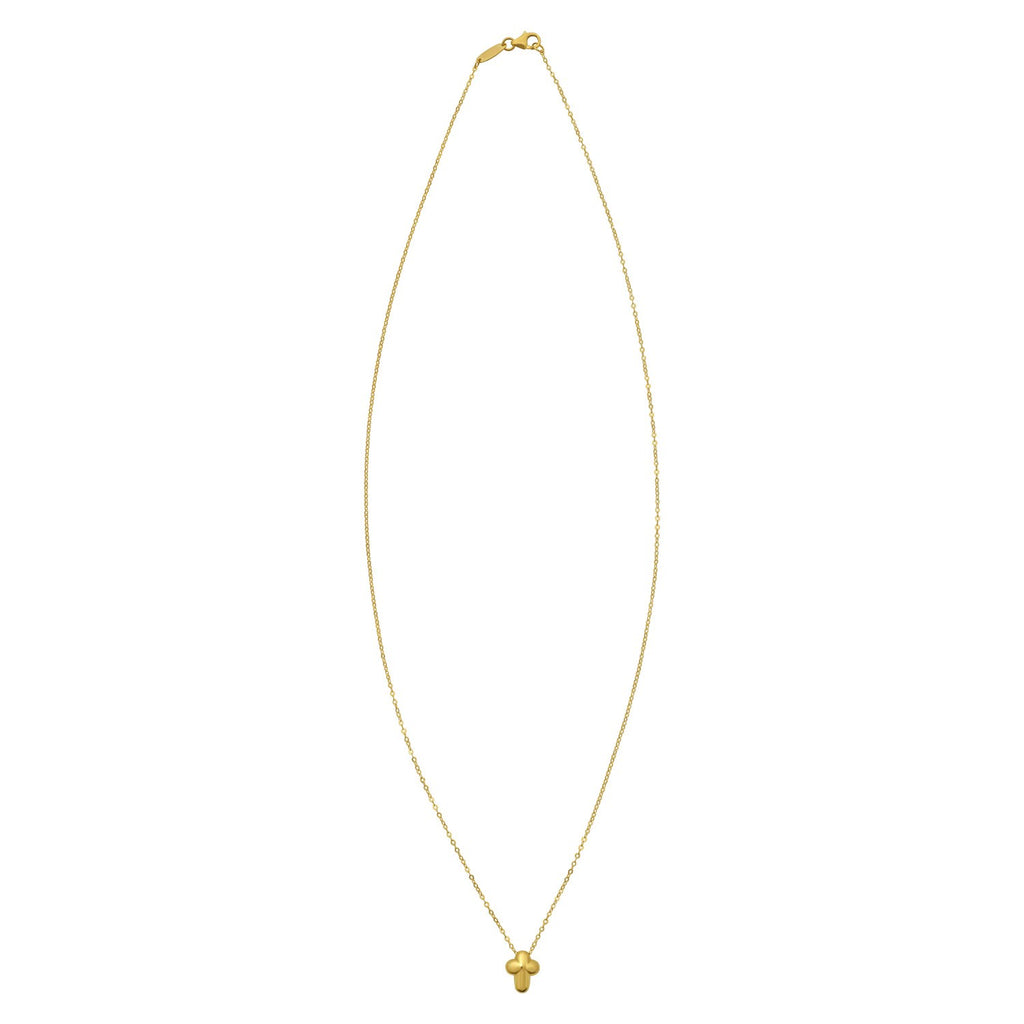 Puffed mini cross necklace laid out in an oval, clasp at the top