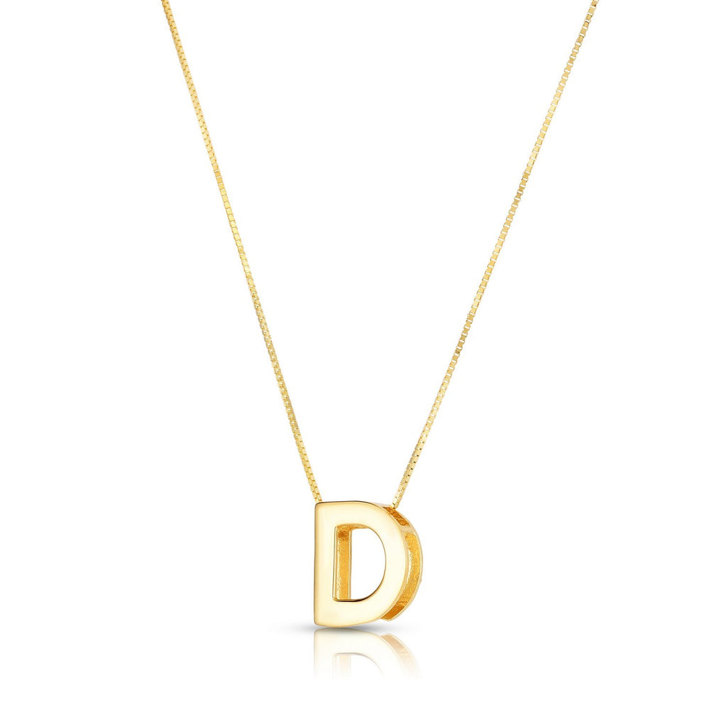 Block letter D in polished 14K yellow gold, angled to show its depth, on a box chain